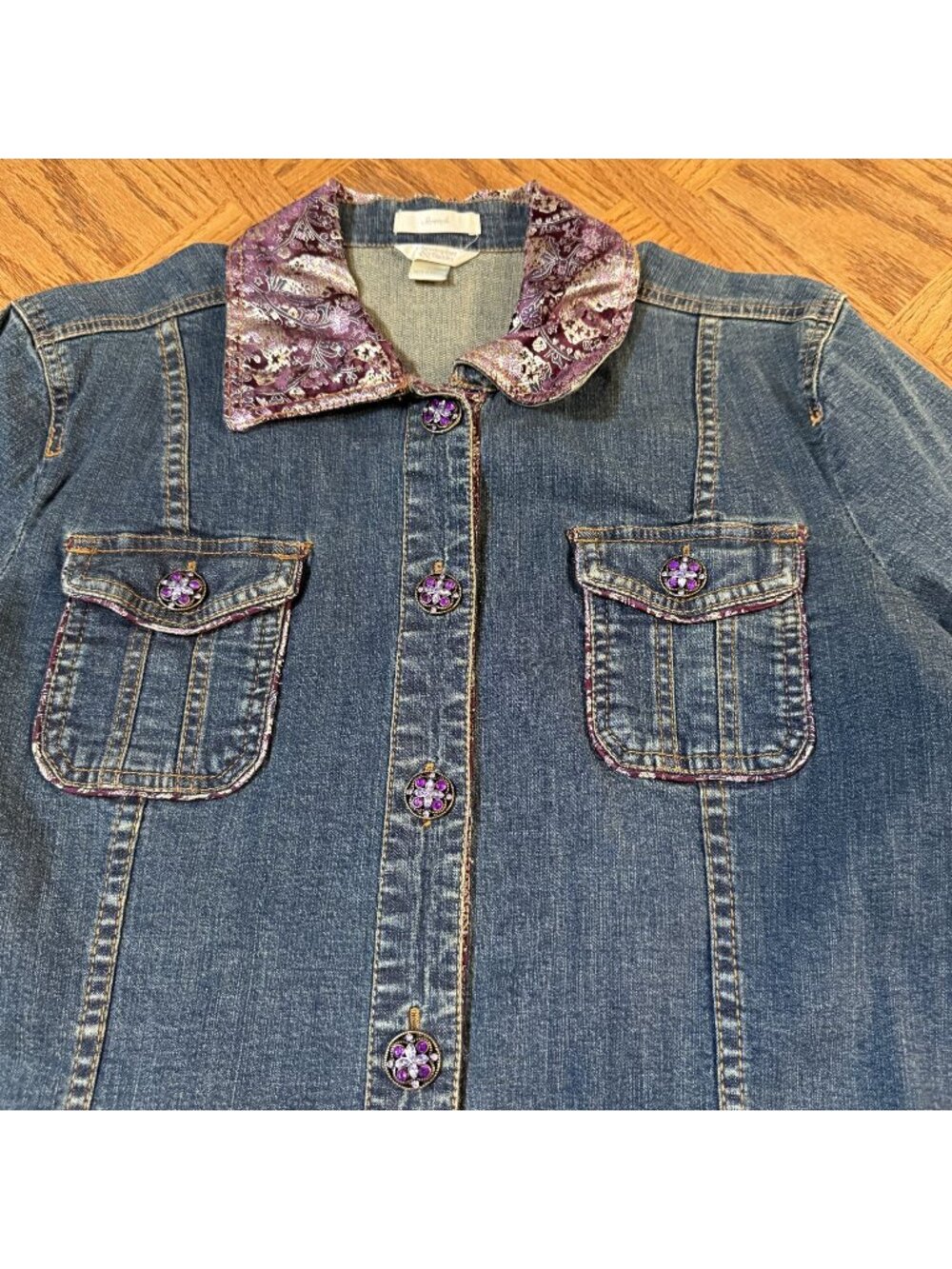 Christopher & Banks Denim Jacket Paisley Collar Purple Jewel Buttons Women Large